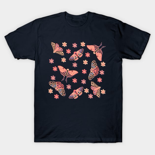 Colorful Pink, Peachy Moths & Flowers T-Shirt by Ieva Li ART